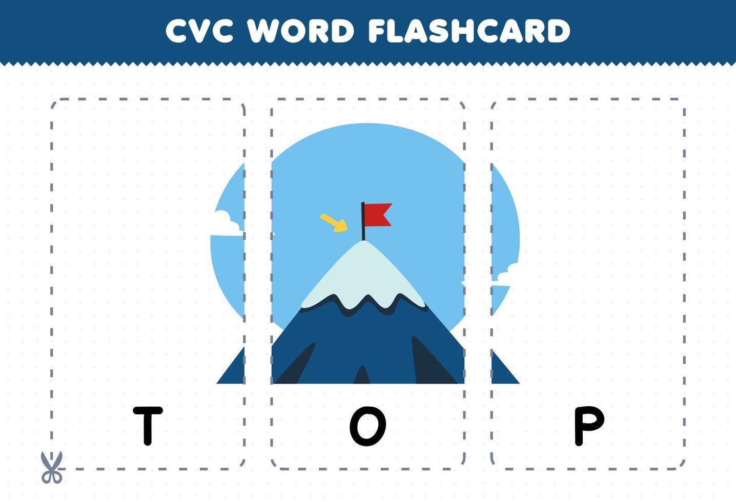 jogo de educação para crianças aprendendo palavra consoante vogal consoante com desenho bonito topo da montanha ilustração flashcard imprimível vetor