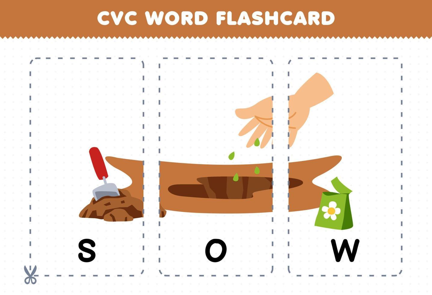 jogo de educação para crianças aprendendo palavra consoante vogal consoante com desenho bonito porca ilustração de semente de flor flashcard imprimível vetor