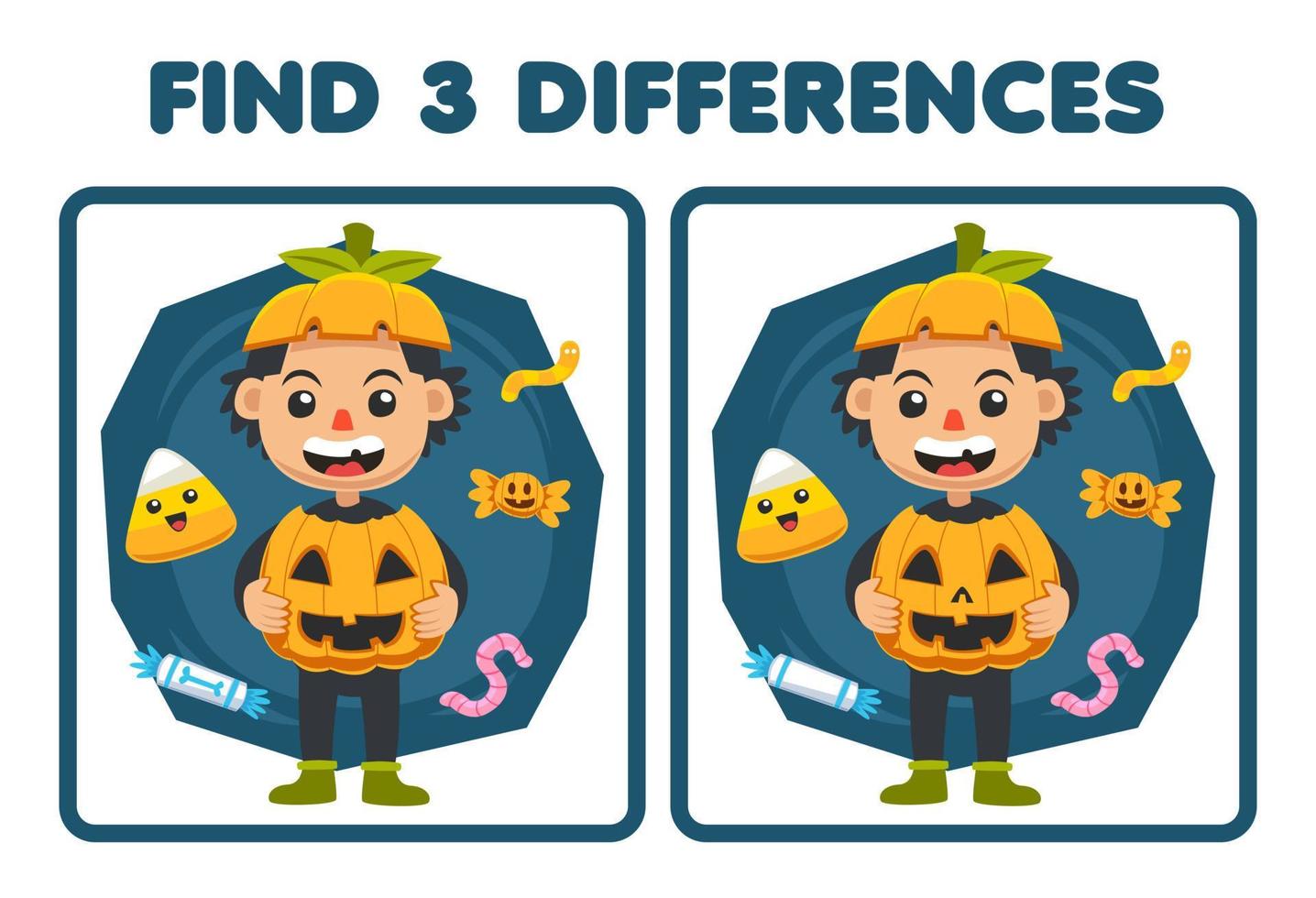 jogo de educação para crianças encontra três diferenças entre duas planilhas imprimíveis de fantasia de menino de abóbora de desenho animado bonito vetor