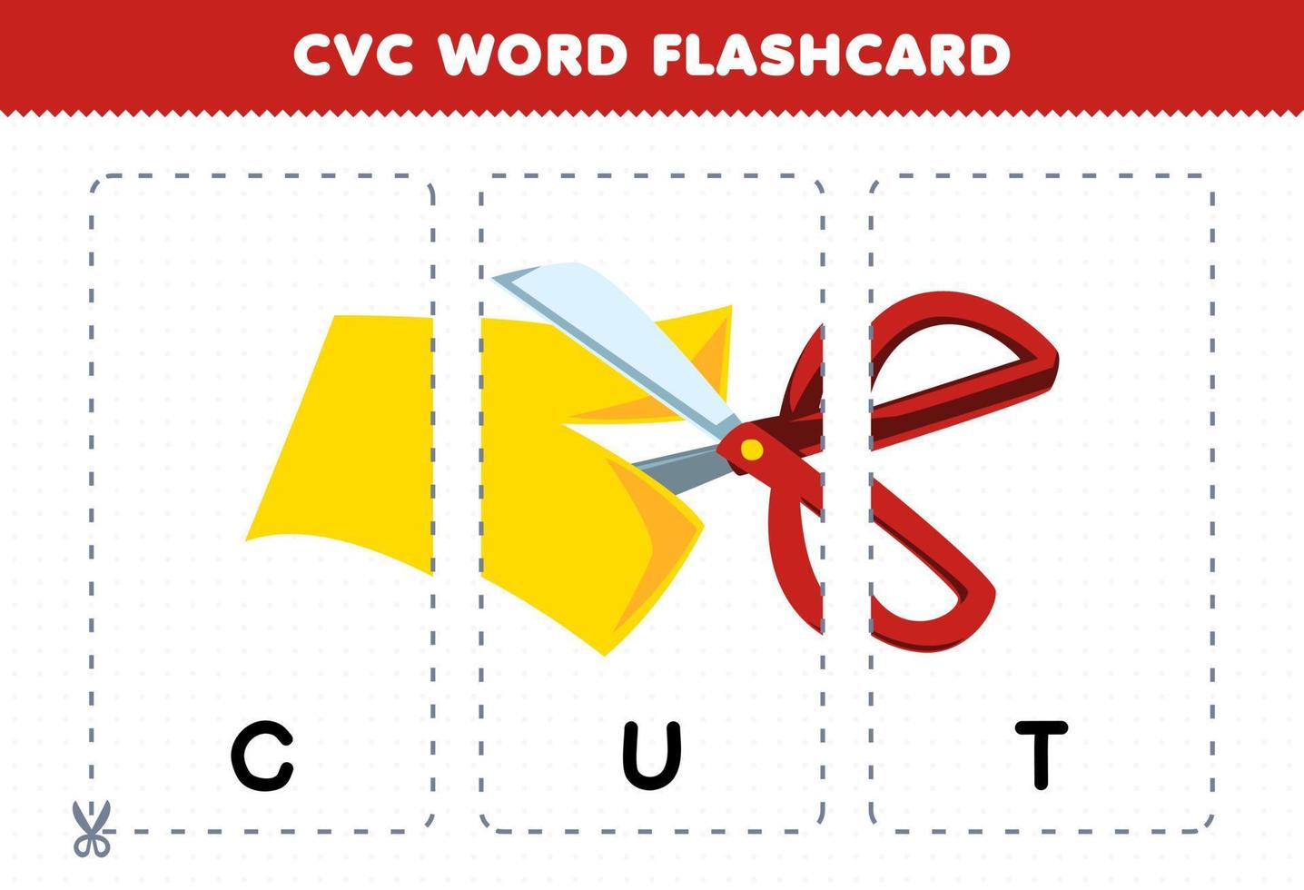 jogo de educação para crianças aprendendo palavra consoante vogal consoante com papel de corte bonito dos desenhos animados com flashcard imprimível de ilustração de tesoura vetor