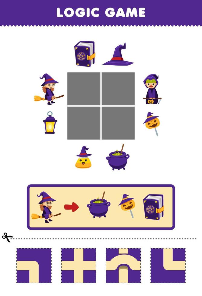 jogo de educação para crianças quebra-cabeça lógico construir a estrada para a bruxa mover-se para o caldeirão de doces e livro de feitiços planilha para impressão de halloween vetor
