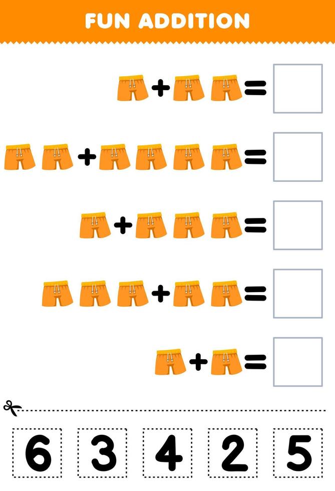 jogo educativo para crianças adição divertida por cortar e combinar o número correto para roupas vestíveis de desenhos animados planilha para impressão de calça laranja vetor