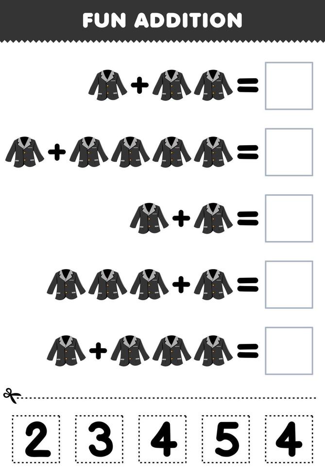 jogo educacional para crianças adição divertida por cortar e combinar o número correto para roupas vestíveis de desenho animado casaco preto terno smoking planilha imprimível vetor