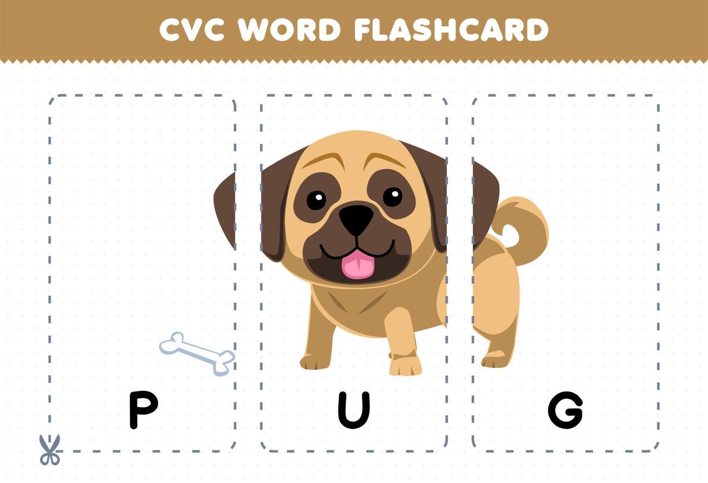 jogo de educação para crianças aprendendo palavra consoante vogal consoante com desenho bonito ilustração de cachorro pug flashcard imprimível vetor
