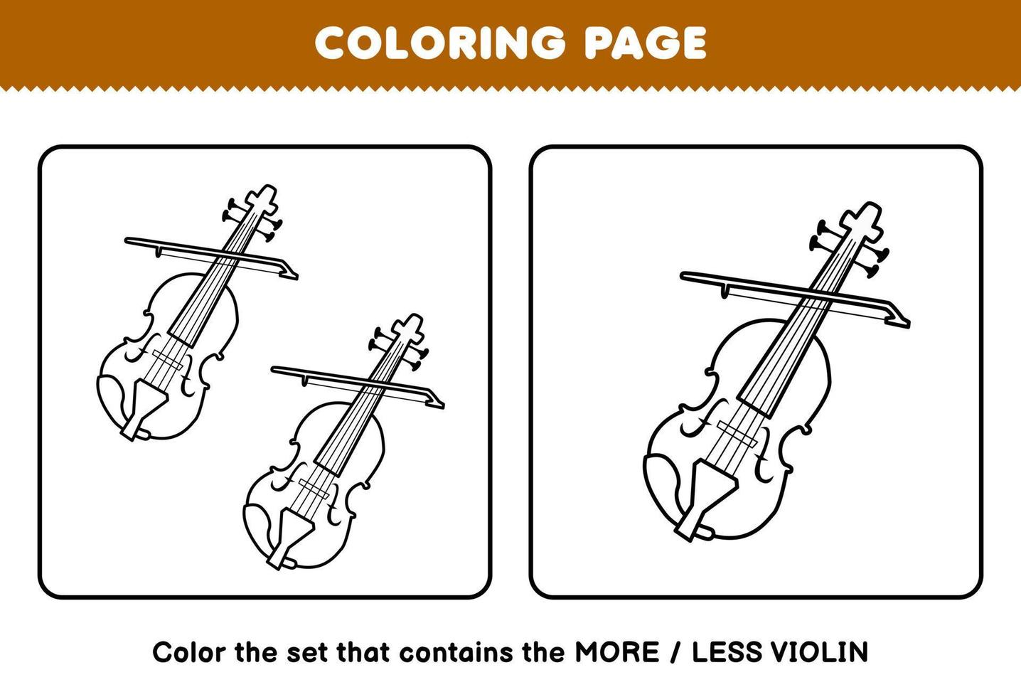 jogo de educação para crianças página para colorir mais ou menos imagem de instrumento de música de desenho animado violino linha de arte conjunto planilha imprimível vetor