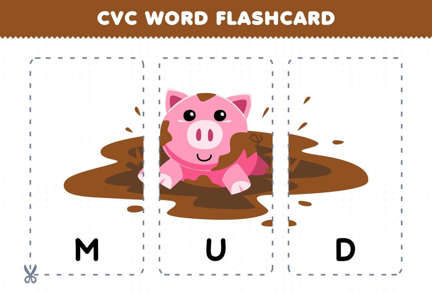 jogo de educação para crianças aprendendo palavra consoante vogal consoante com porco bonito dos desenhos animados na ilustração de lama flashcard imprimível vetor