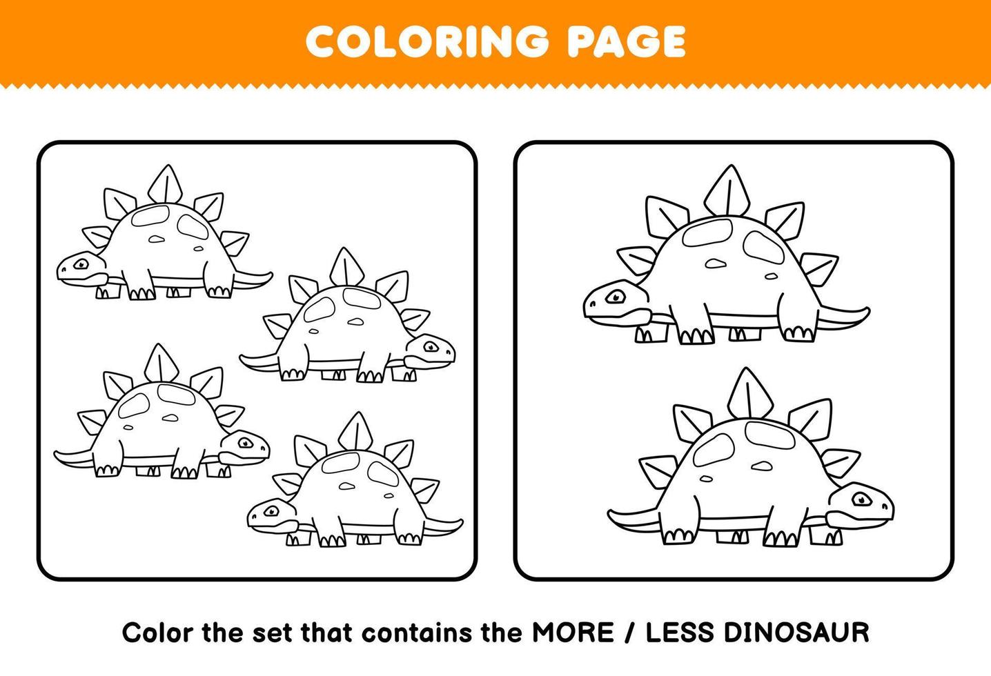 jogo de educação para crianças página para colorir mais ou menos imagem de desenho bonito dinossauro pré-histórico estegossauro linha de arte folha de cálculo imprimível vetor