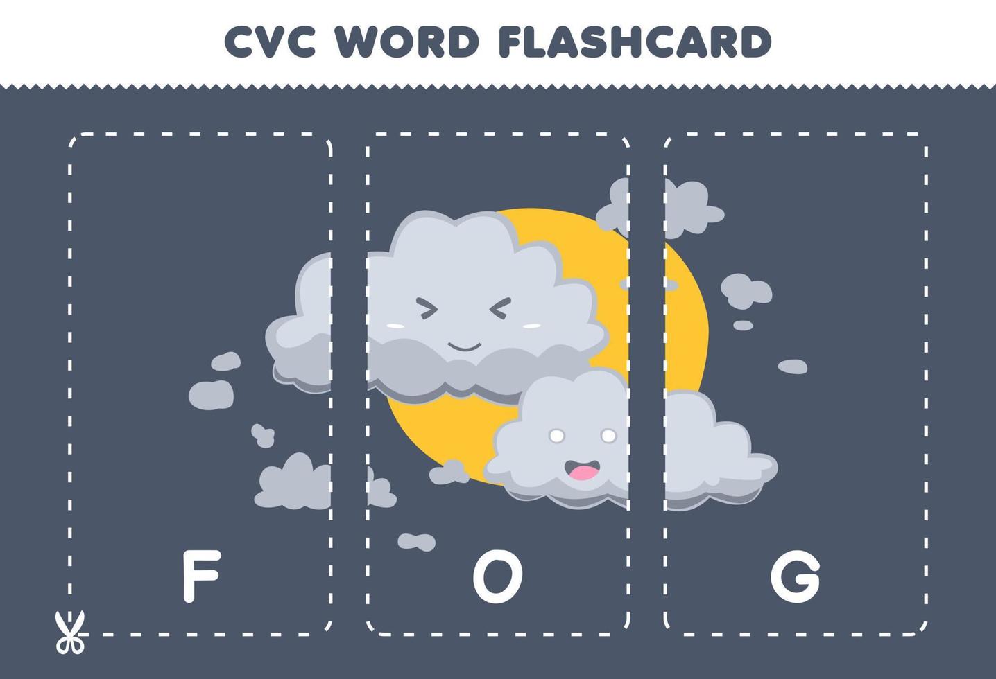 jogo de educação para crianças aprendendo palavra consoante vogal consoante com cartão de memória flash imprimível de ilustração de nevoeiro bonito dos desenhos animados vetor