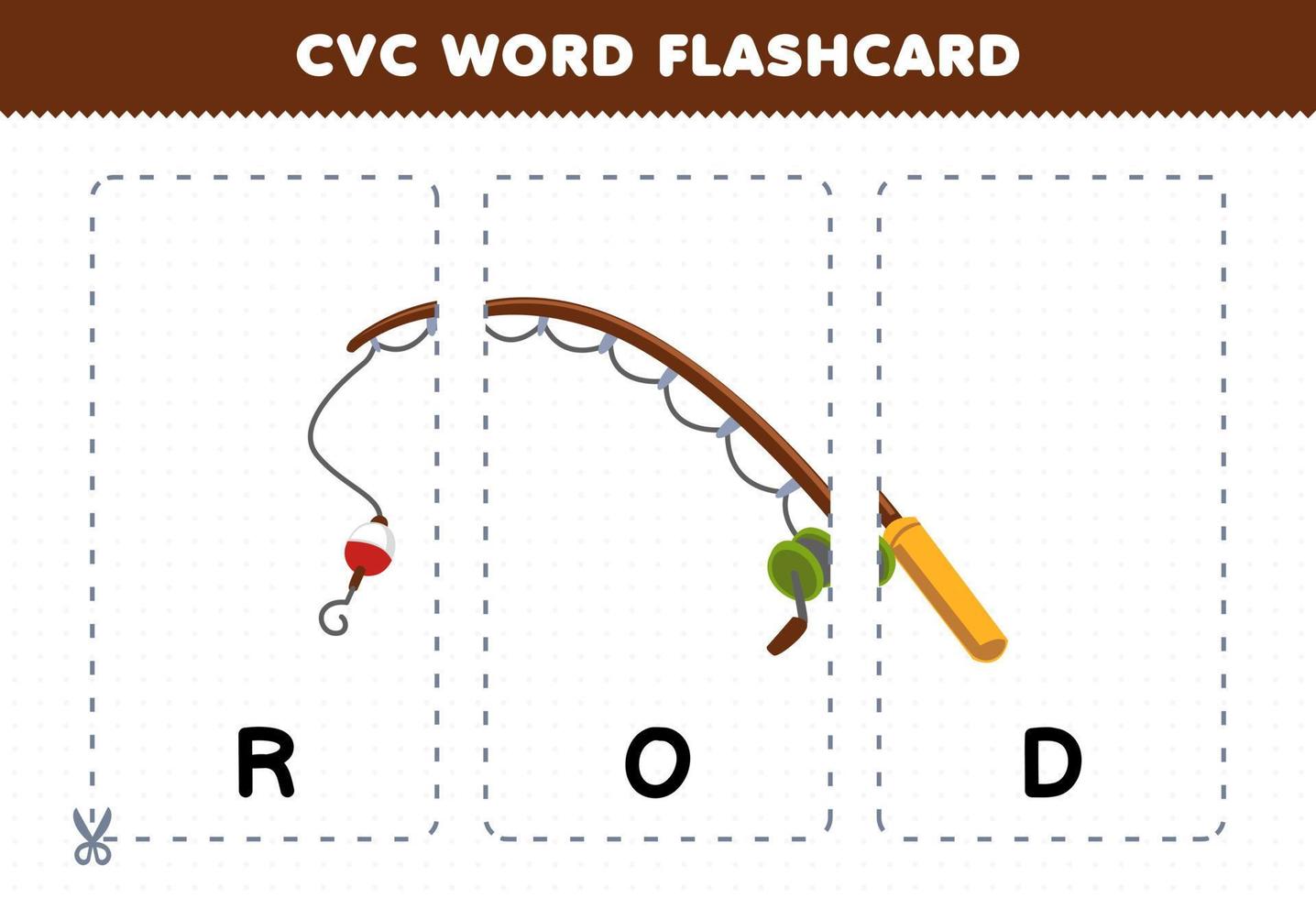 jogo de educação para crianças aprendendo palavra consoante vogal consoante com ilustração de vara de pescar bonito dos desenhos animados flashcard imprimível vetor