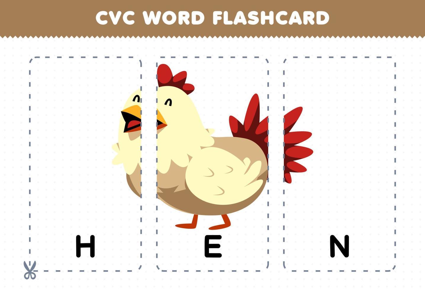 jogo de educação para crianças aprendendo palavra consoante vogal consoante com cartão de memória flash imprimível de ilustração de galinha de desenho animado bonito vetor