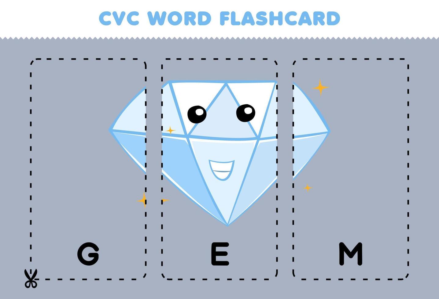 jogo de educação para crianças aprendendo palavra consoante vogal consoante com cartão de memória flash imprimível de ilustração de gema de desenho animado bonito vetor