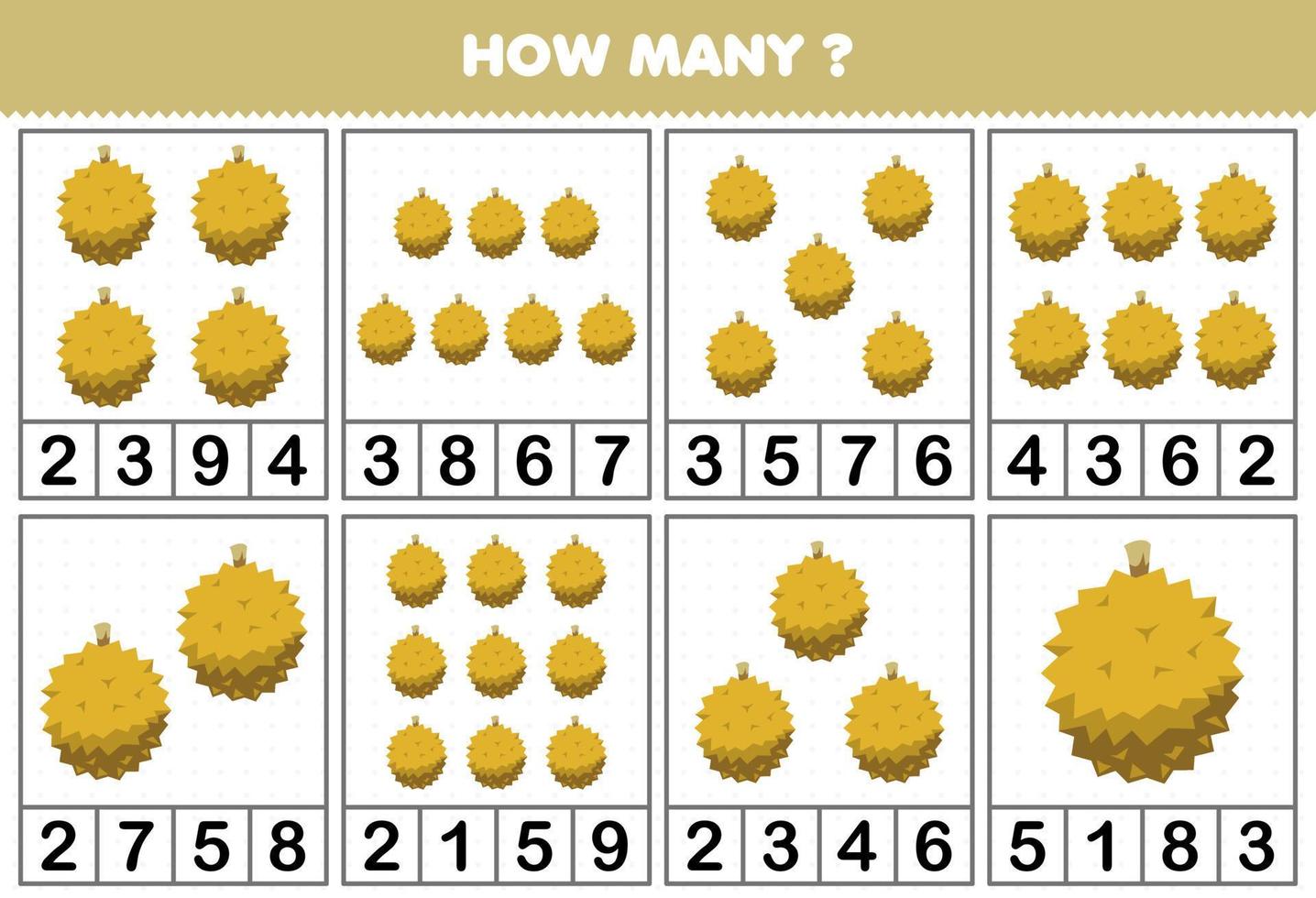 jogo de educação para crianças contando quantos objetos em cada mesa de planilha para impressão de frutas durian bonito dos desenhos animados vetor