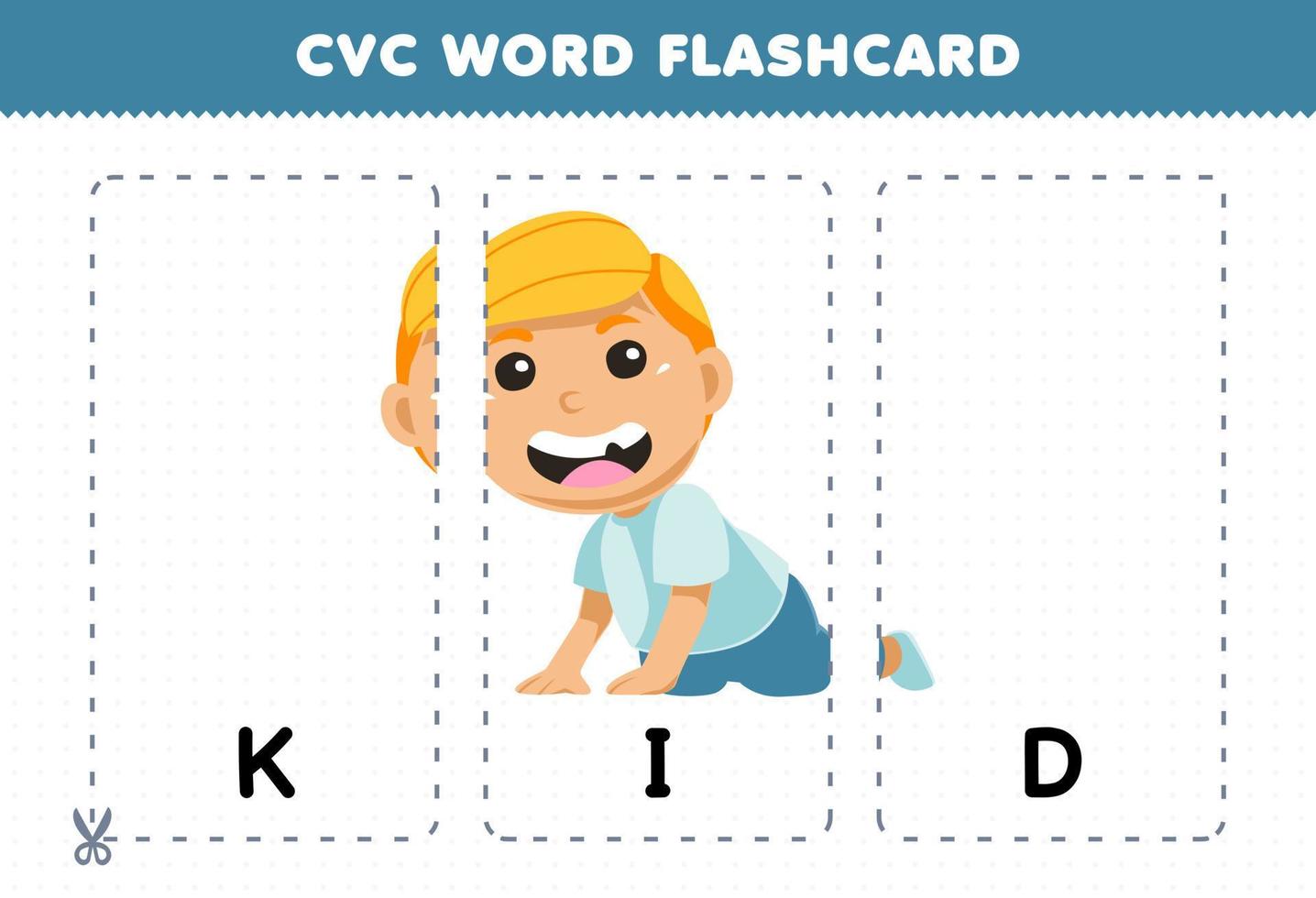 jogo de educação para crianças aprendendo palavra consoante vogal consoante com cartão de memória flash imprimível de ilustração de criança feliz de desenho animado fofo vetor