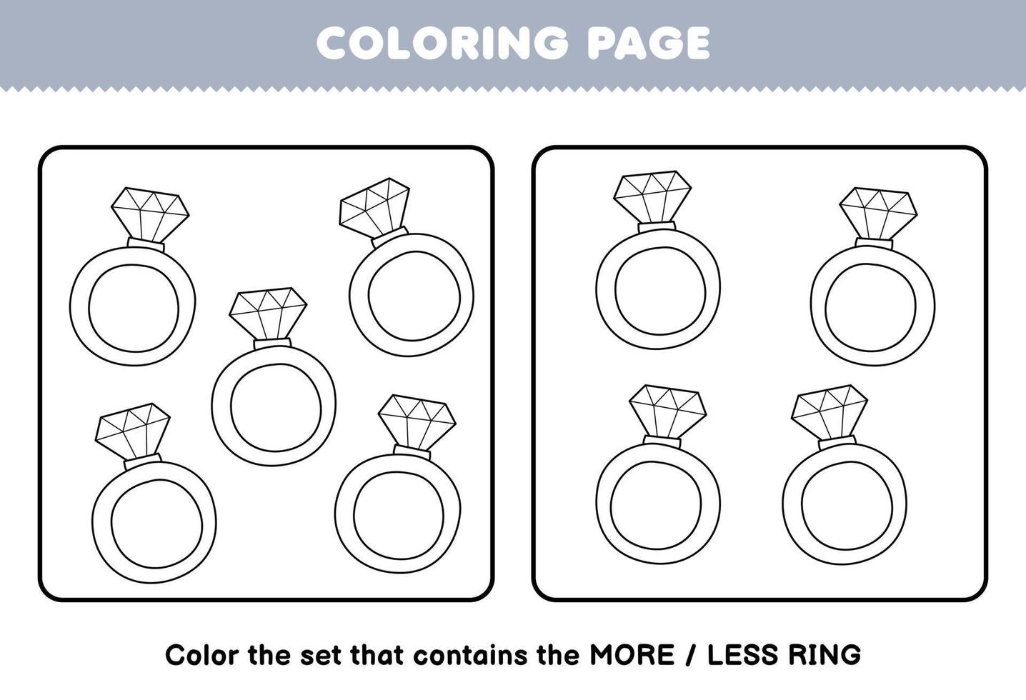 jogo de educação para crianças página para colorir mais ou menos imagem de acessórios vestíveis de desenhos animados bonitos conjunto de arte de linha de anel planilha imprimível vetor