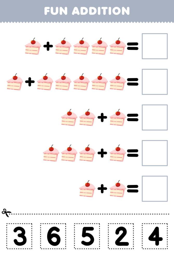 jogo de educação para crianças adição divertida por cortar e combinar o número correto para planilha imprimível de bolo de comida de desenho animado vetor