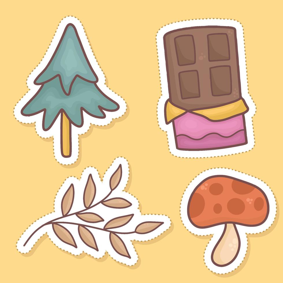 conjunto de clipart de adesivos de outono, pinheiro, chocolate, folhas, cogumelo vetor