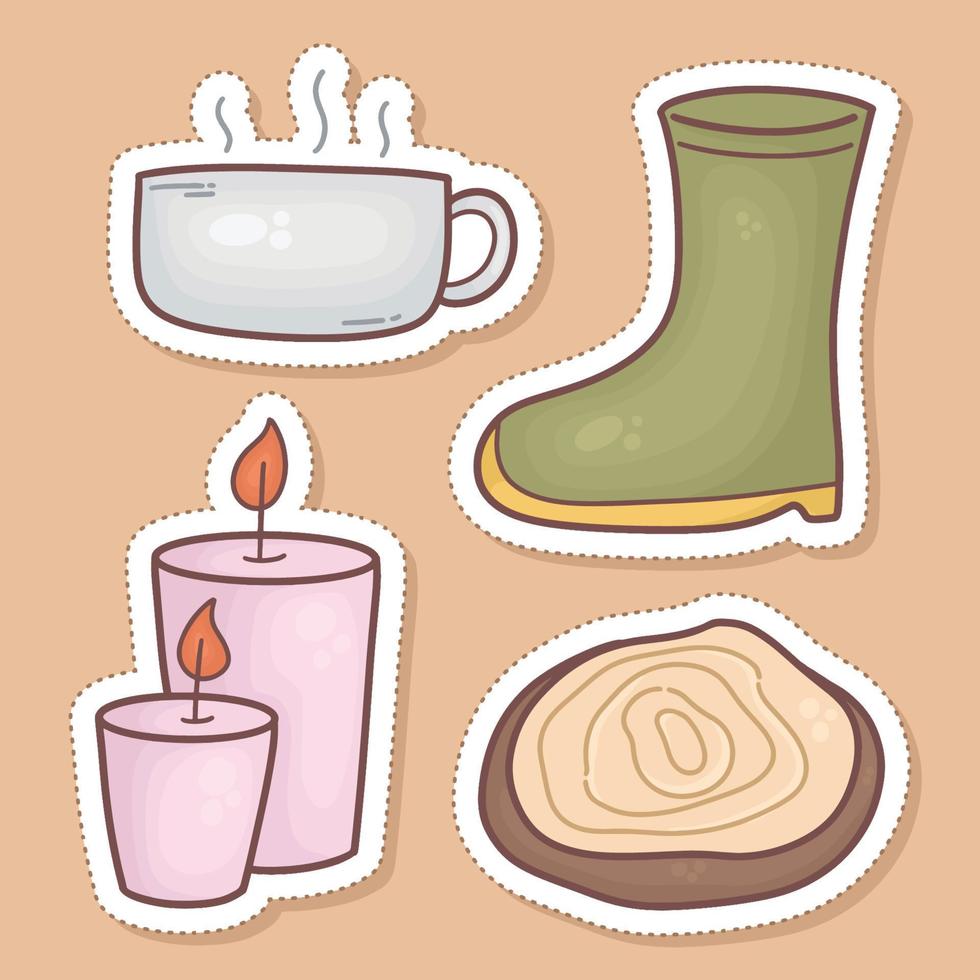 conjunto de adesivos de ilustração de outono, xícara de chá, botas, vela, madeira vetor