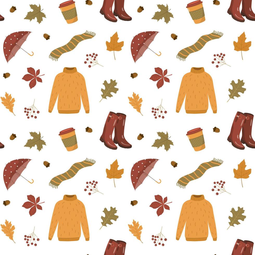aconchegante outono coisas quentes em cores suaves. padrão sem emenda de vetor. suéter, guarda-chuva, cachecol quente, folhas de outono. isolado no fundo branco. ótimo para adesivos, estampas, têxteis, invólucros. vetor