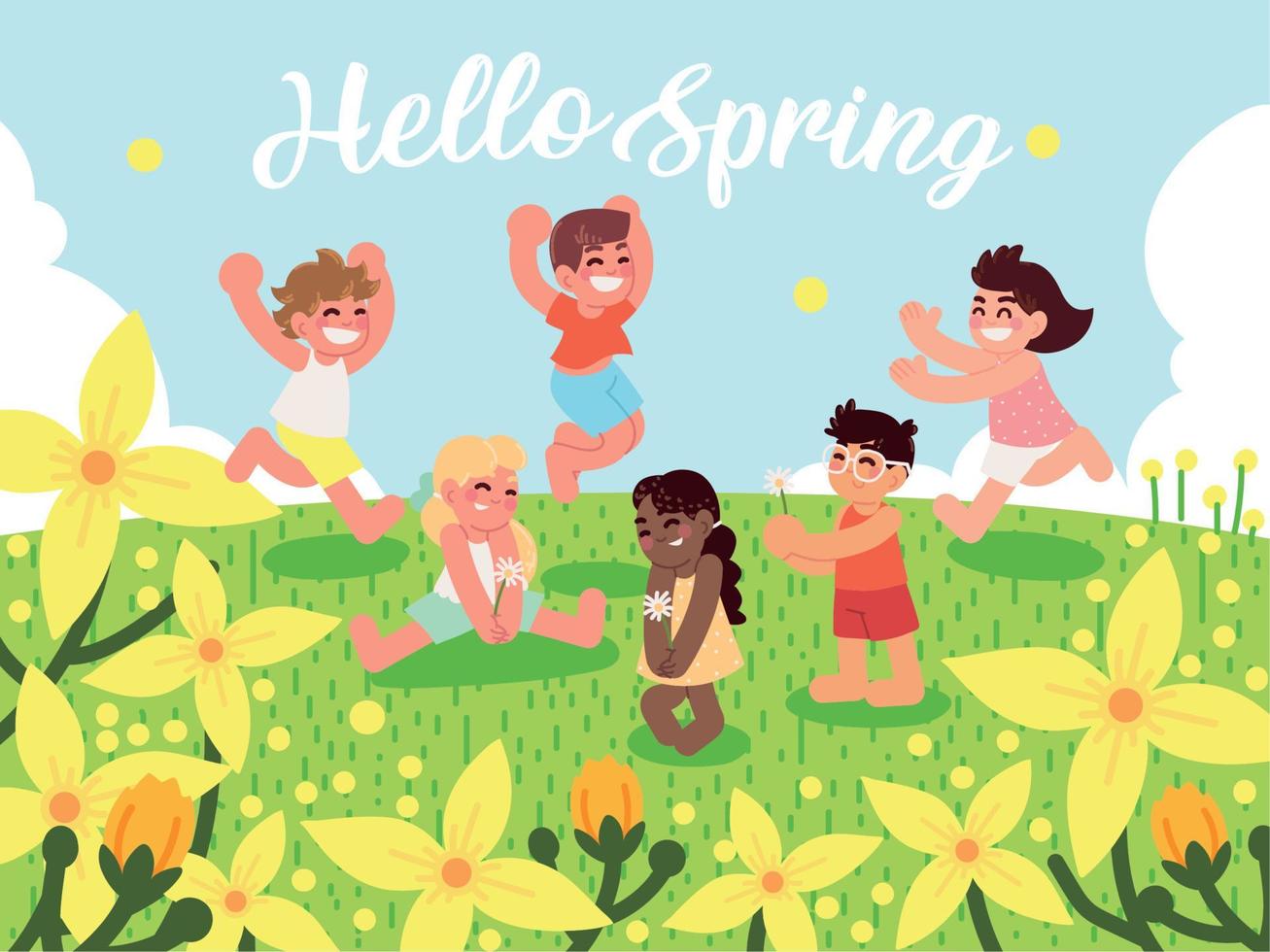 olá primavera crianças felizes vetor
