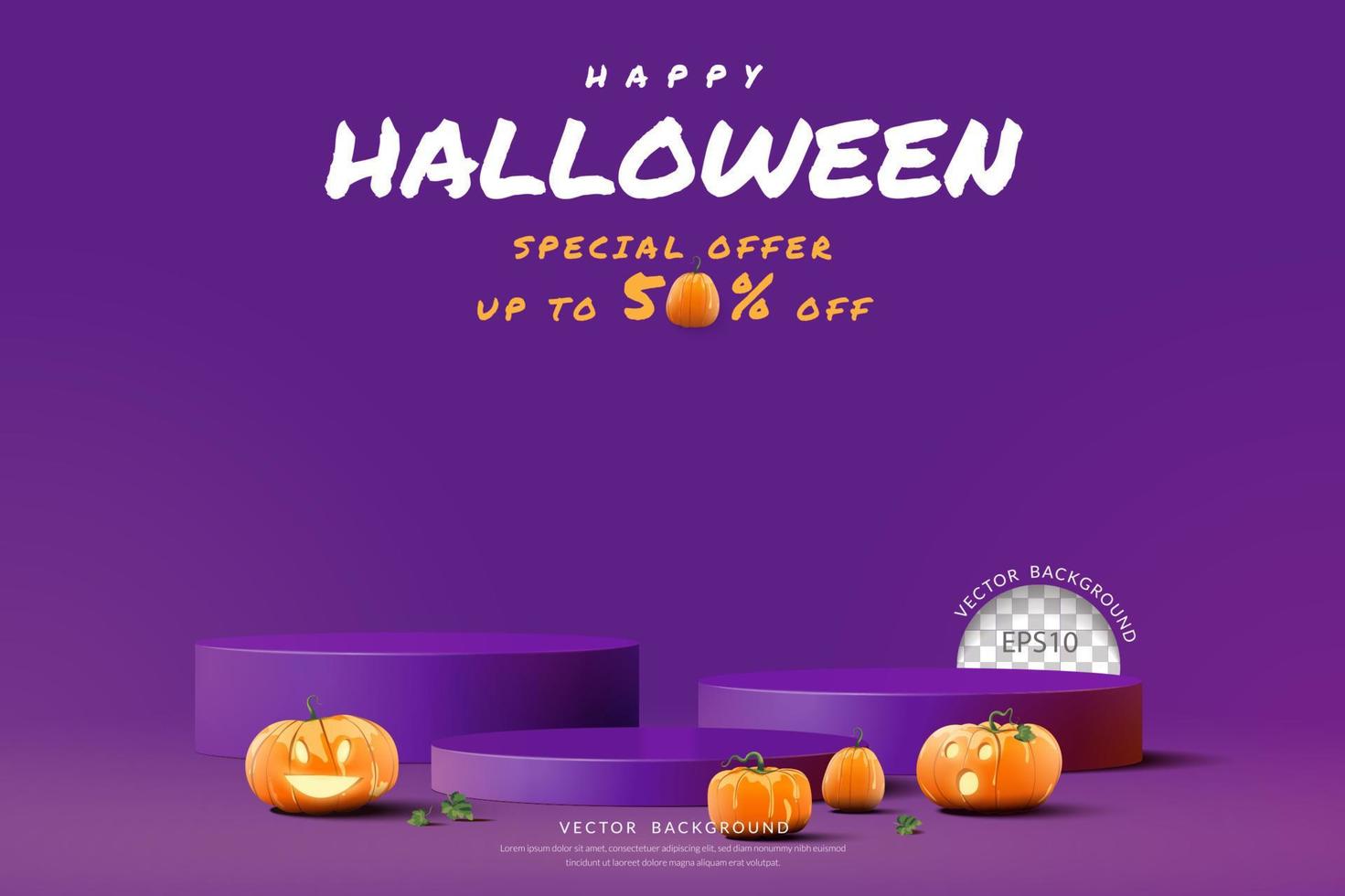 fundo de pódio de halloween, pódio roxo três passos com cara engraçada de abóbora para exibição de produtos, ilustração vetorial vetor