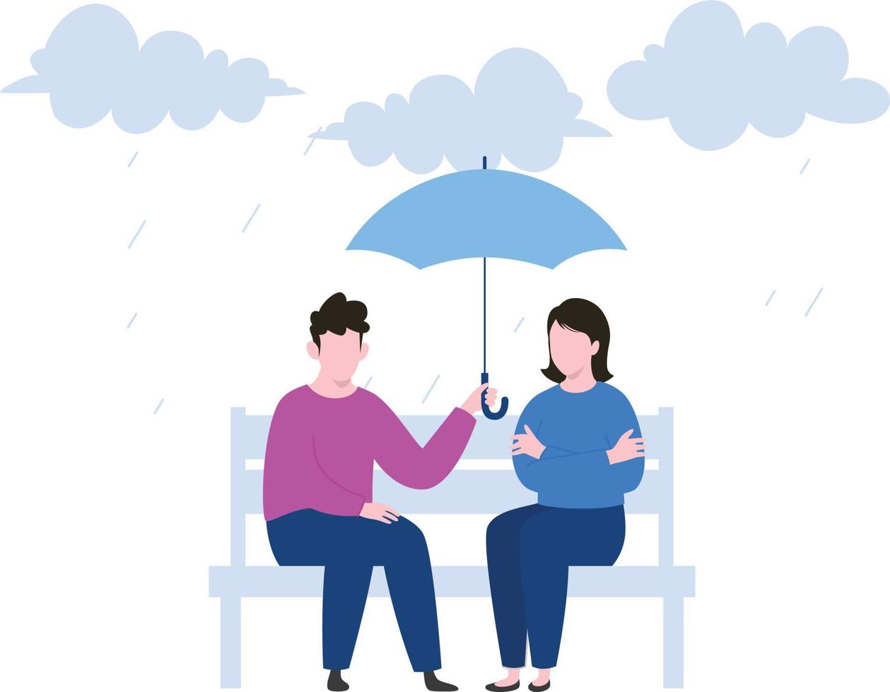 casal está sentado no banco com guarda-chuva na chuva. vetor