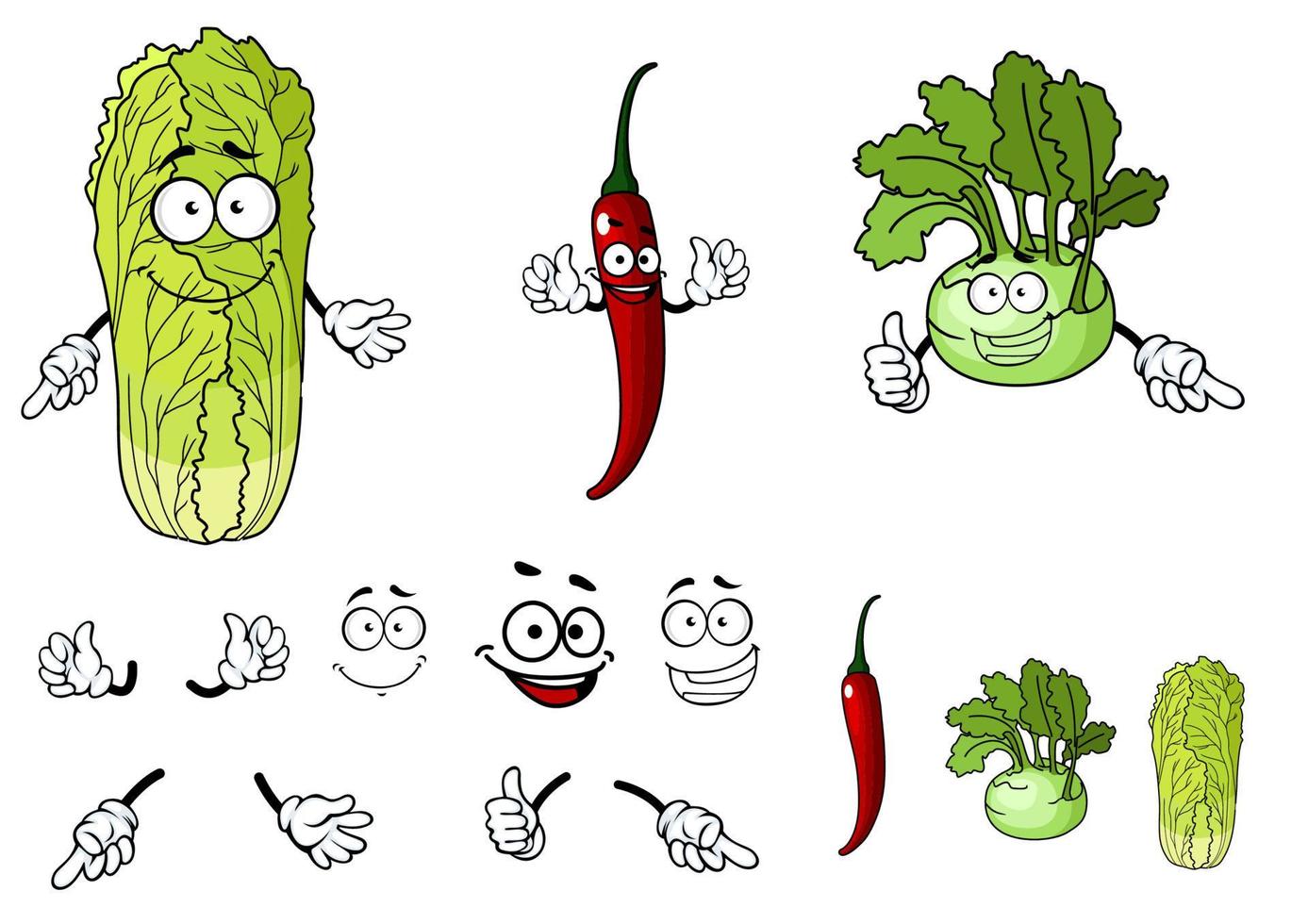 vegetais de desenhos animados de pimenta, rabanete e repolho vetor