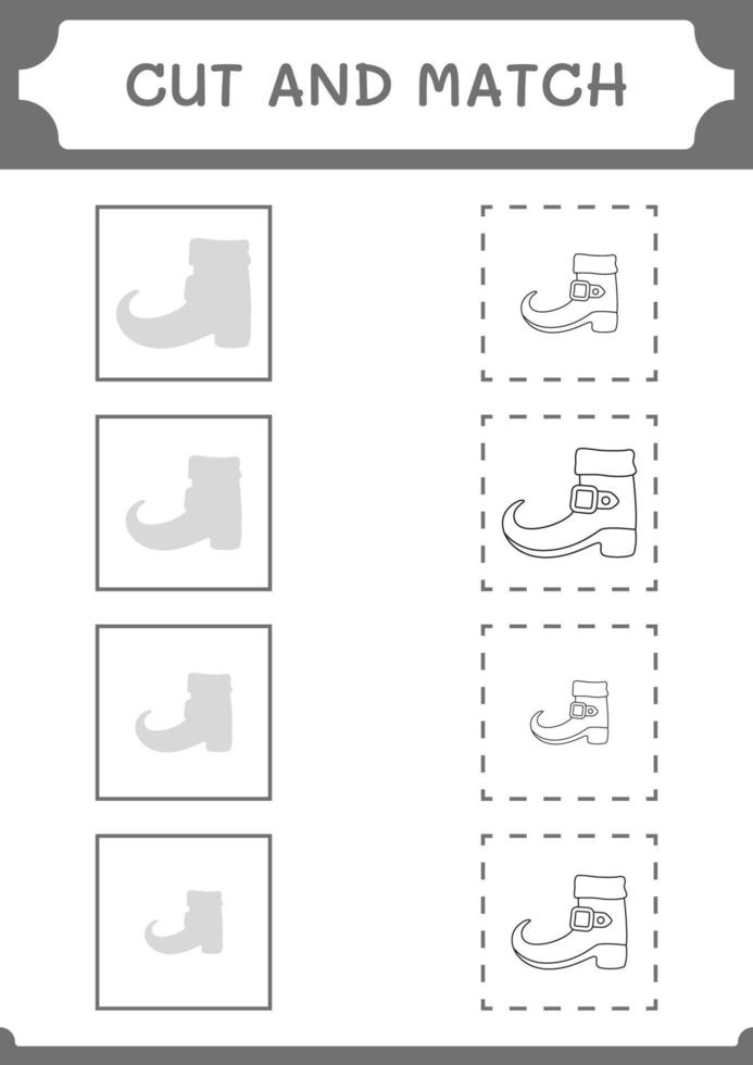 cortar e combinar partes da bota de duende, jogo para crianças. ilustração vetorial, planilha para impressão vetor