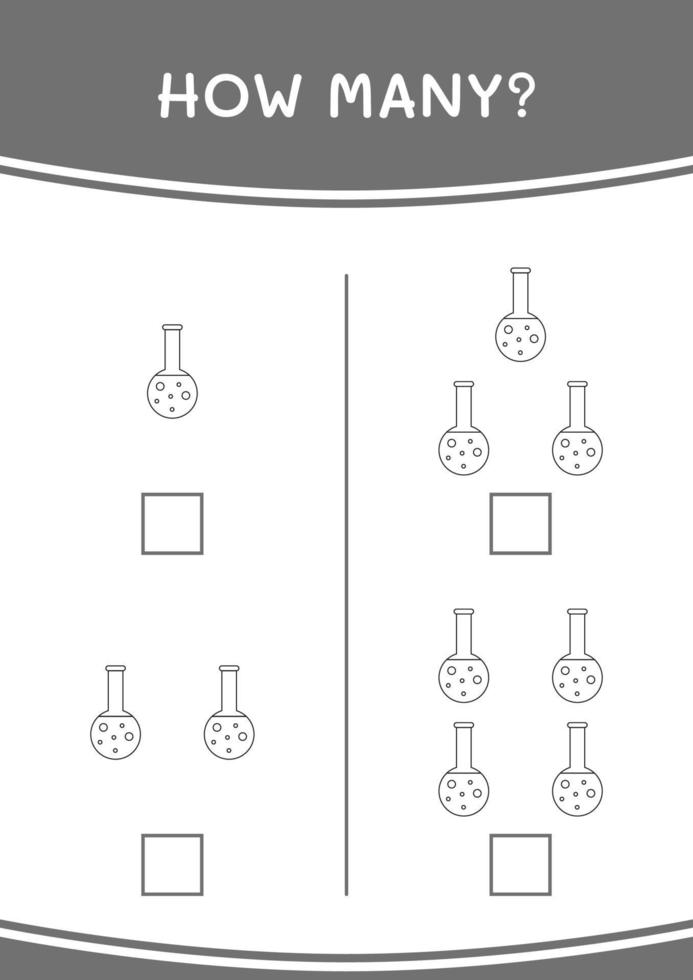 quantos de frasco de química, jogo para crianças. ilustração vetorial, planilha para impressão vetor