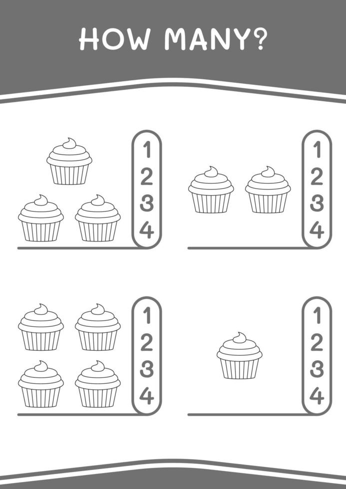 quantos de cupcake, jogo para crianças. ilustração vetorial, planilha para impressão vetor