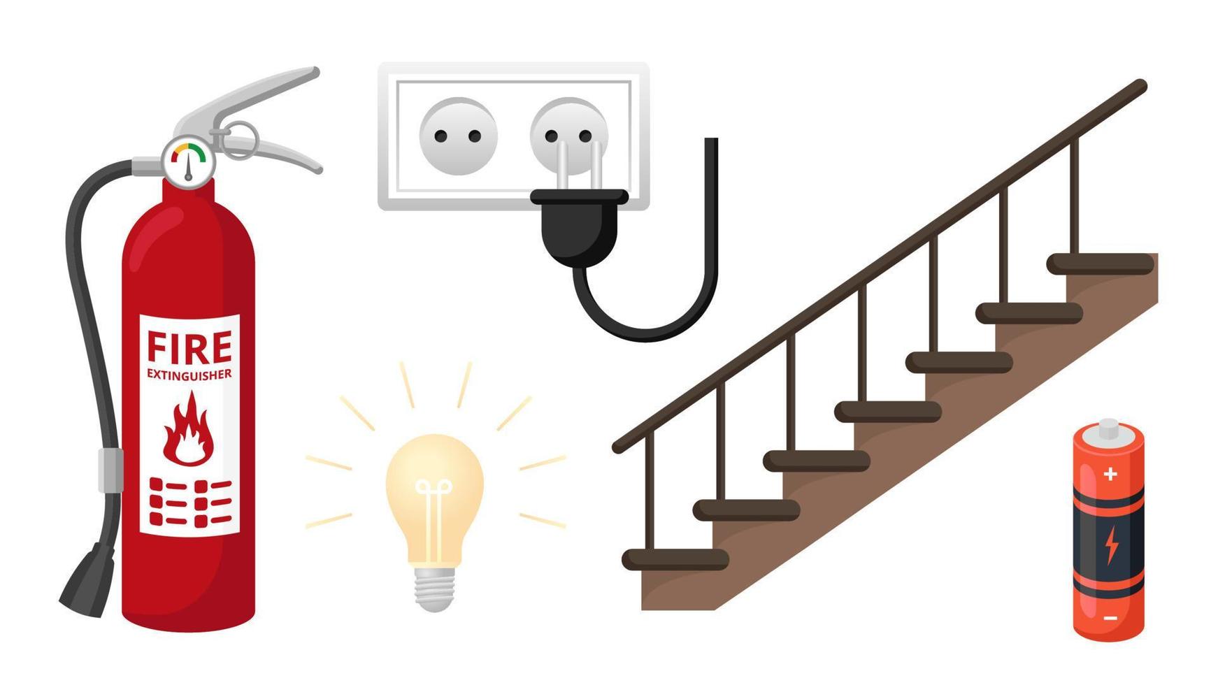 conjunto de coleção de objeto de desenho animado extintor de incêndio escada bateria plugue de lâmpada vetor