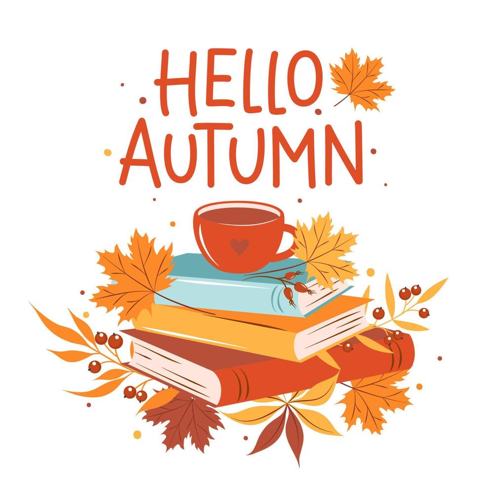 Olá outono. livros, xícara de café ou chá com folhas brilhantes de outono em fundo branco. design para cartão de felicitações, venda ou cartaz promocional. ilustração vetorial aconchegante vetor