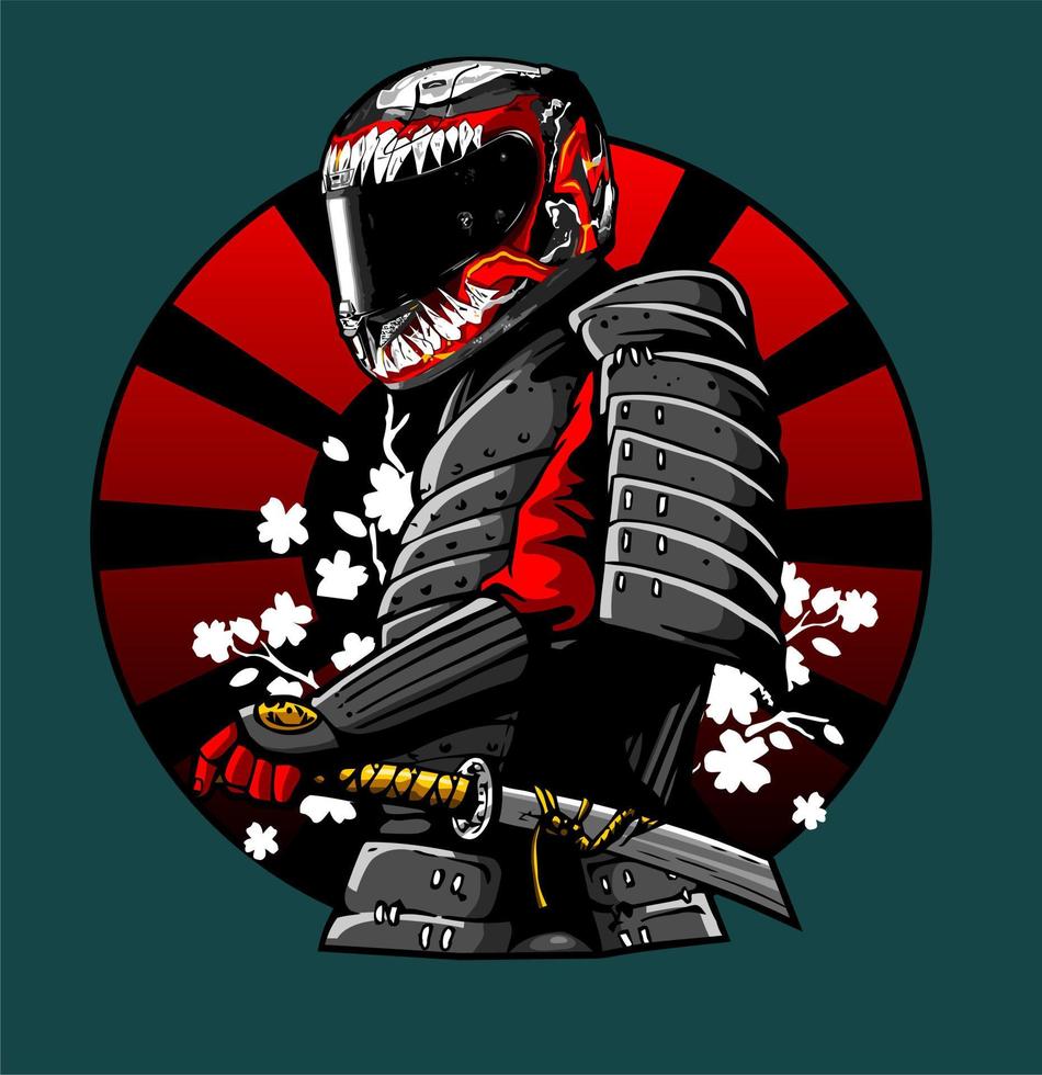 um samurai usando um capacete de moto vetor