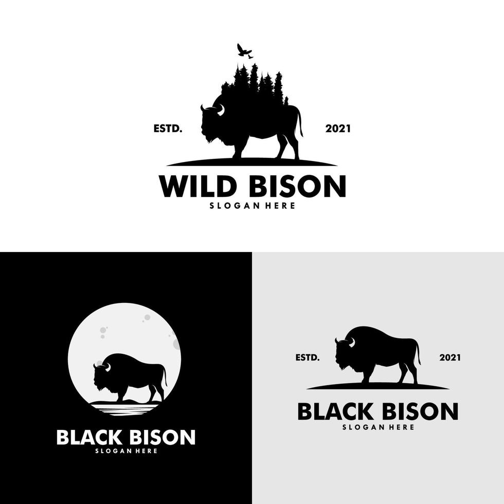 conjunto de design de logotipo de bisão selvagem e bisonte da lua vetor