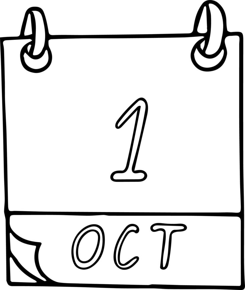 calendário desenhado à mão em estilo doodle. 1º de outubro dia internacional do idoso, música, vegetariano mundial, data. ícone, elemento de adesivo para design. planejamento, férias de negócios vetor