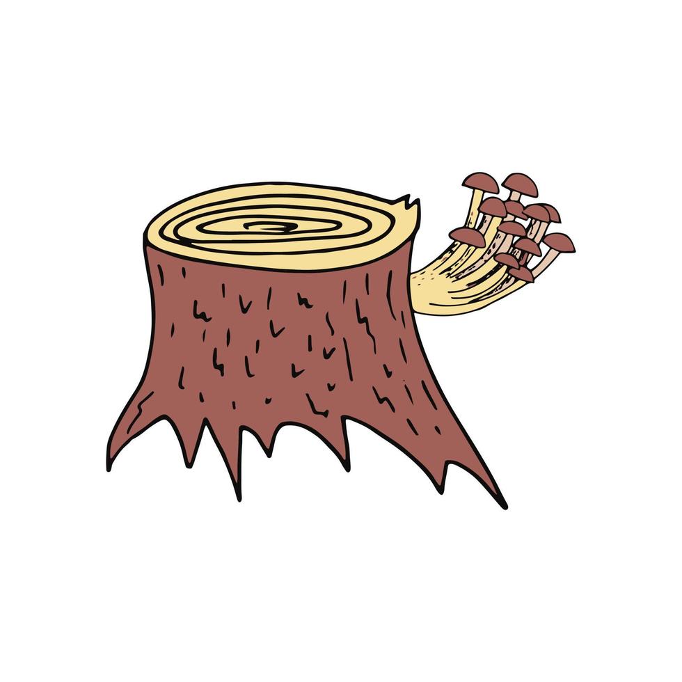 cogumelos em um doodle desenhado de mão de esboço de toco de árvore. cartão, ícone, pôster, monocromático. planta natural vetor
