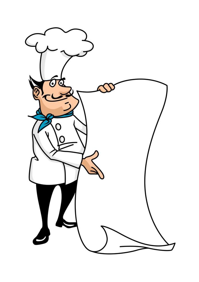 chef sorridente dos desenhos animados com menu vetor