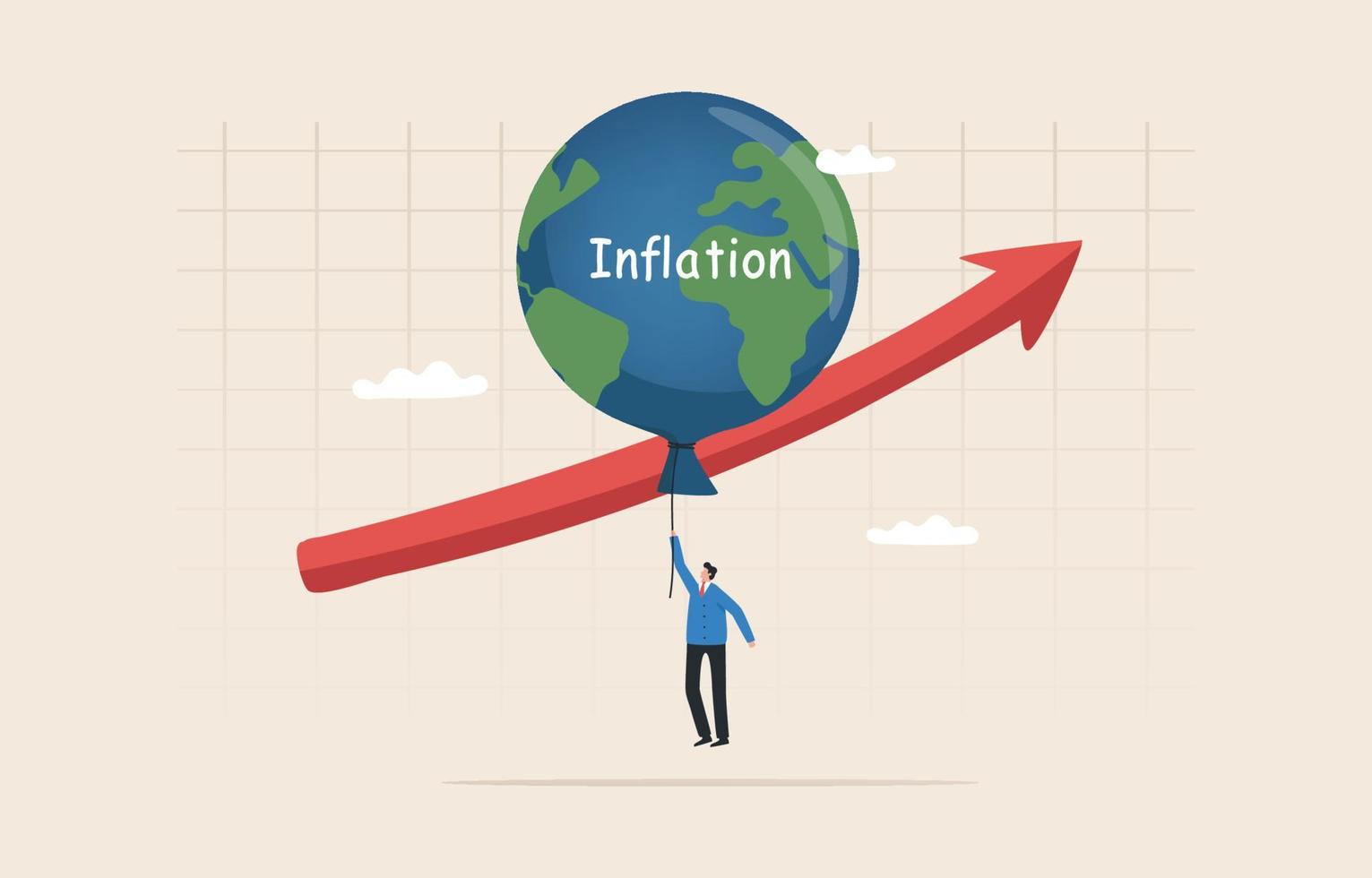 alta inflação global. aumento da taxa de juros alimentada. juros flutuantes. crise econômica mundial. desaceleração econômica, inflação alta. balão com o símbolo do mapa do mundo flutua mais alto. vetor