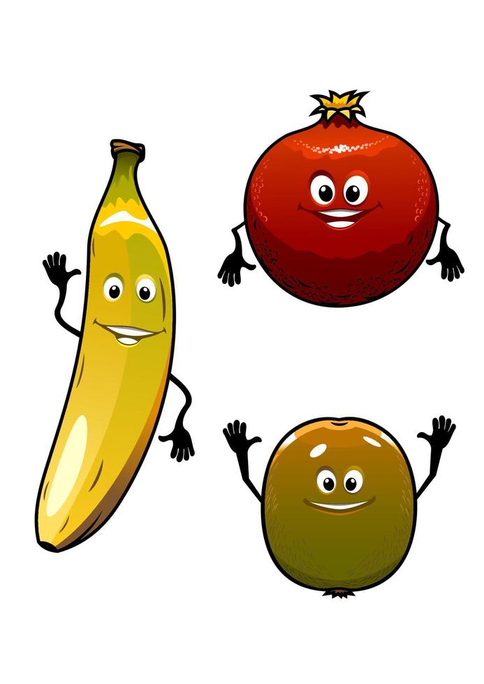 kiwi verde, romã vermelha e frutas amarelas de banana vetor