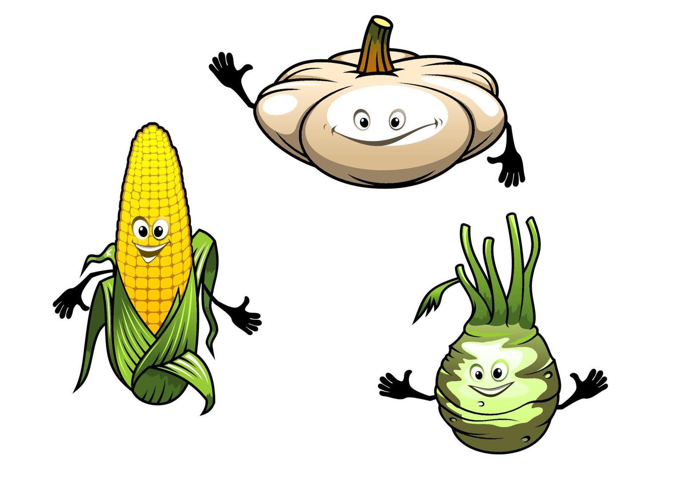 legumes de desenho animado de abóbora, milho e nabo vetor