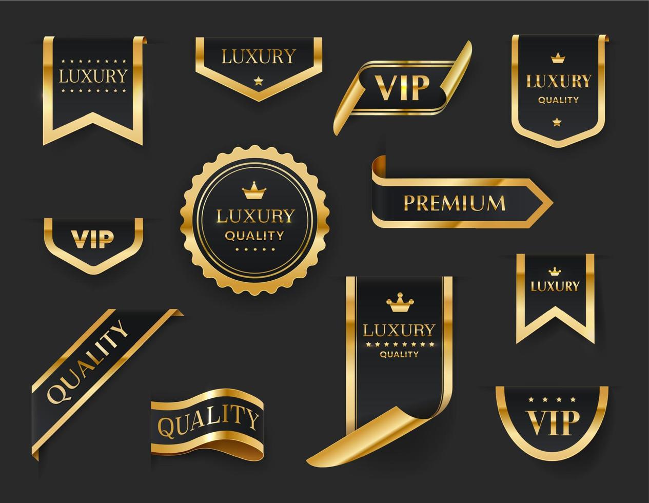 luxo, vip, rótulos de ouro premium, fitas, emblemas vetor