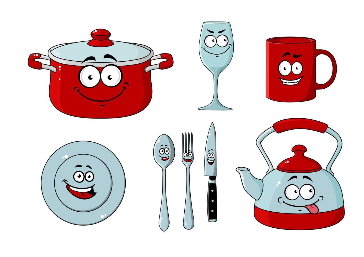 conjunto de louças e utensílios de cozinha dos desenhos animados vetor