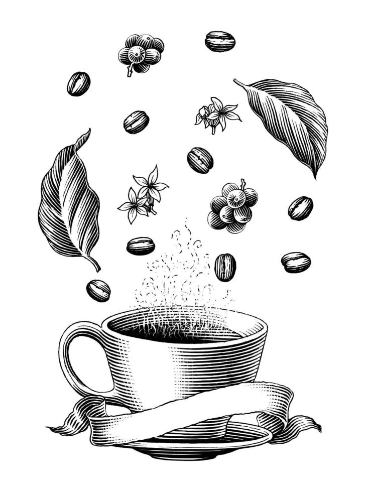 xícara de café logotipo desenho à mão estilo de gravura clip art vetor