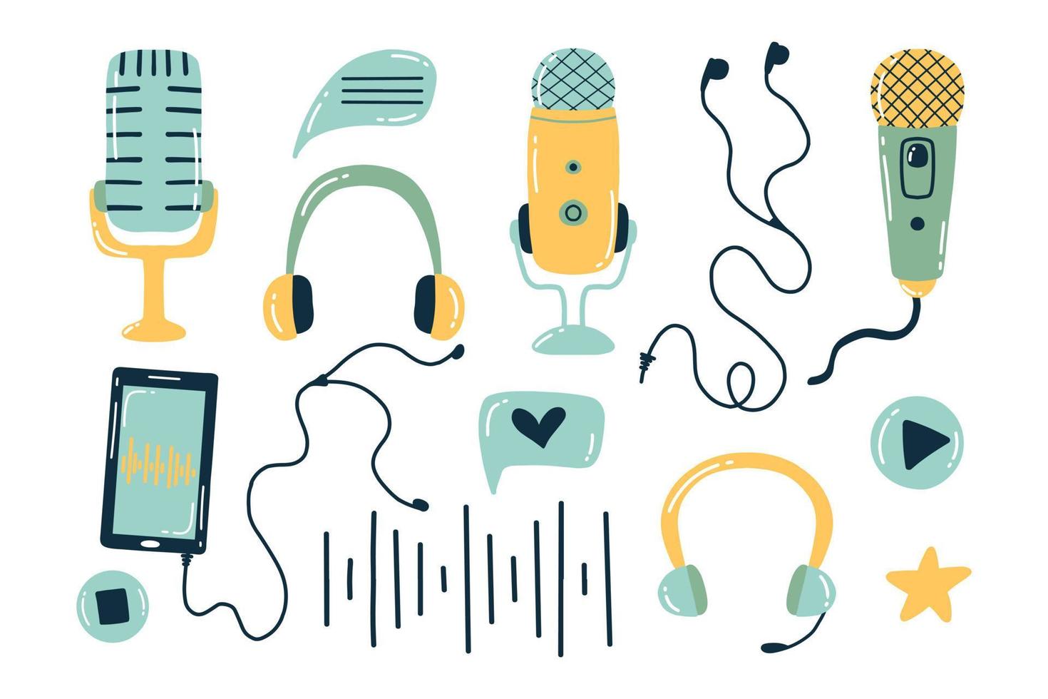 conjunto de podcasts. ilustração vetorial. estilo doodle. coleção para transmissão. microfones e fones de ouvido. vetor