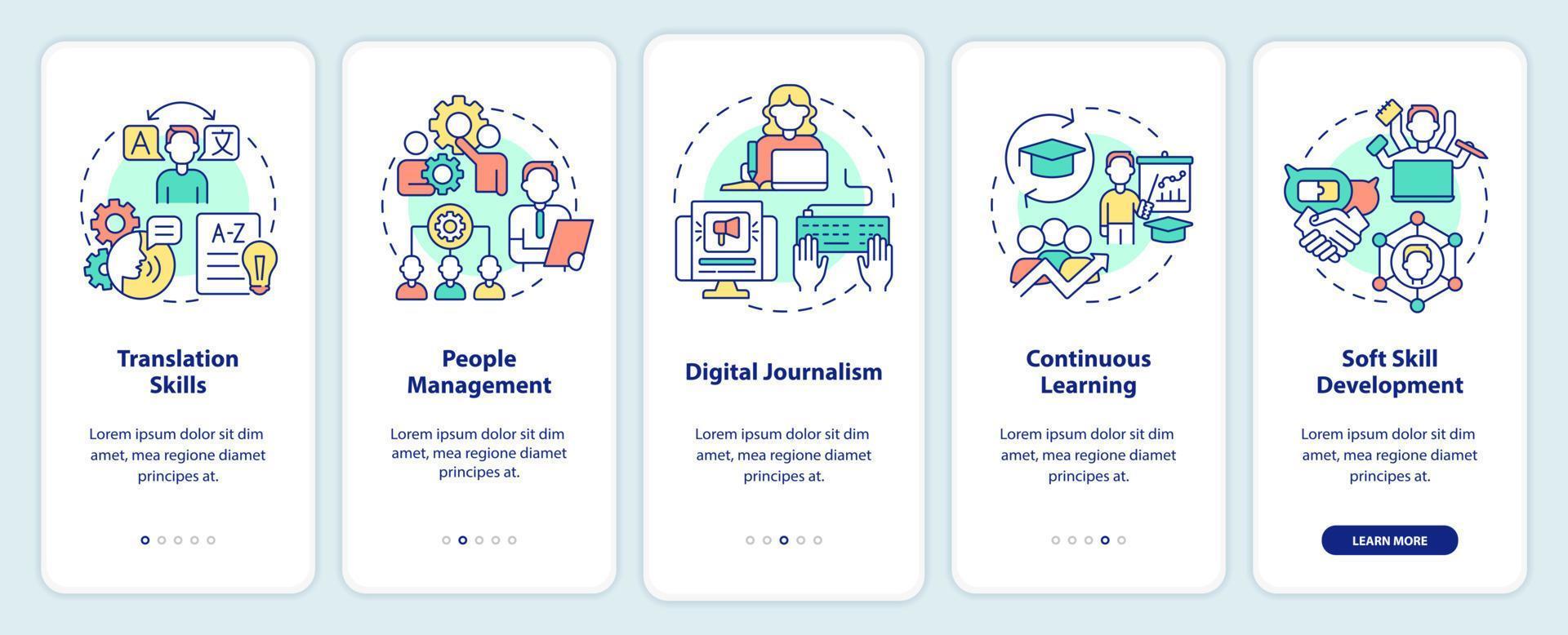 na demanda de habilidades adicionais na tela do aplicativo móvel. tradução passo a passo 5 passos páginas de instruções gráficas com conceitos lineares. ui, ux, modelo de gui. vetor