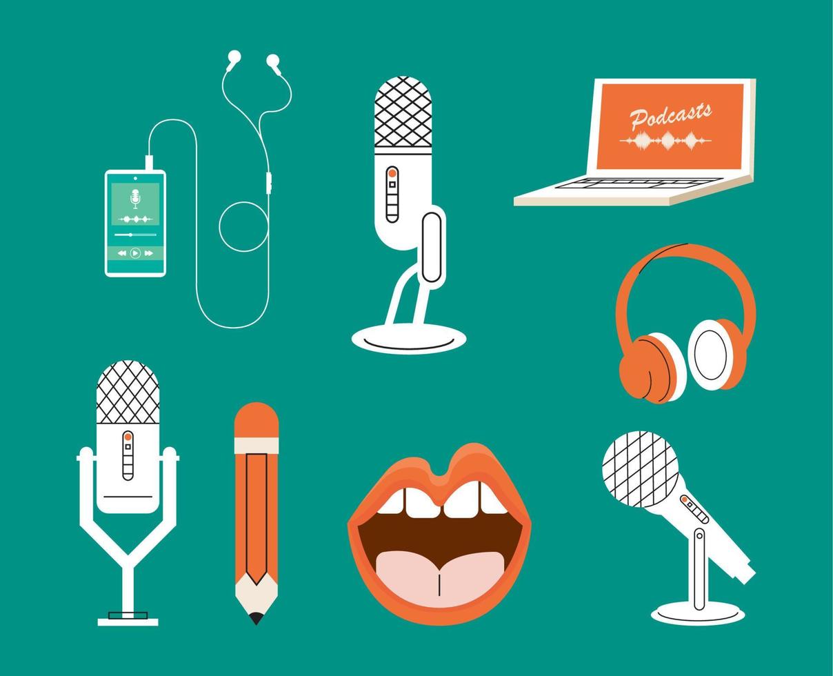 oito ícones de tecnologia de podcast vetor