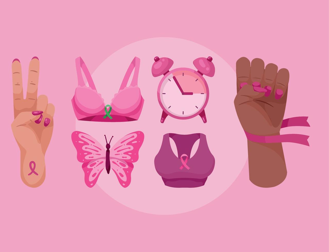 seis ícones de conscientização do câncer de mama vetor