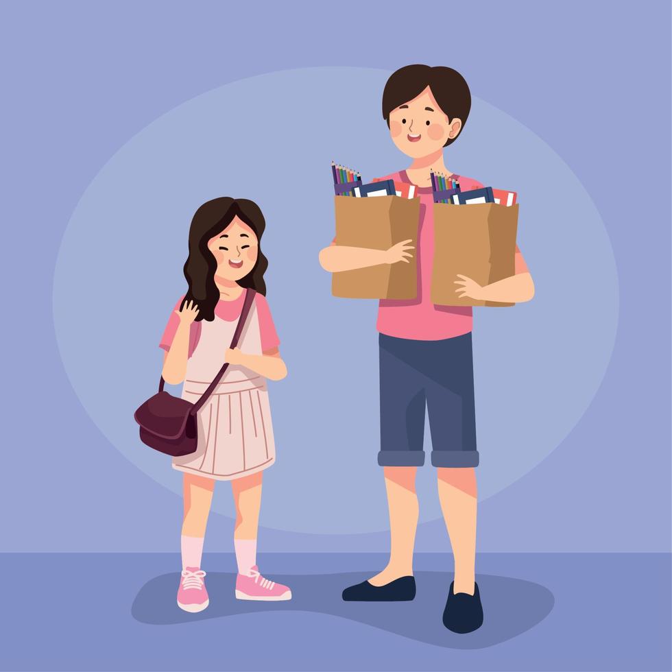 pai e filha comprando material escolar vetor