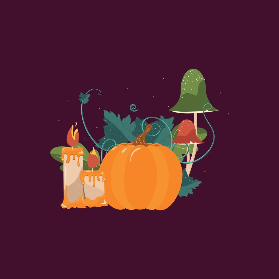 ilustração de abóbora em fundo roxo. desenho vetorial para abóbora laranja de halloween com folhas e caules. duas velas acesas e dois cogumelos verdes e vermelhos. ilustração para o dia de todos os santos decorati vetor
