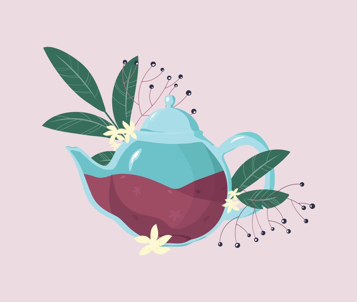 chá de ervas de sabugueiro. ilustração em vetor de chá vermelho em um bule com frutas, folhas e flores brancas para uma impressão de embalagem ou aplicação.