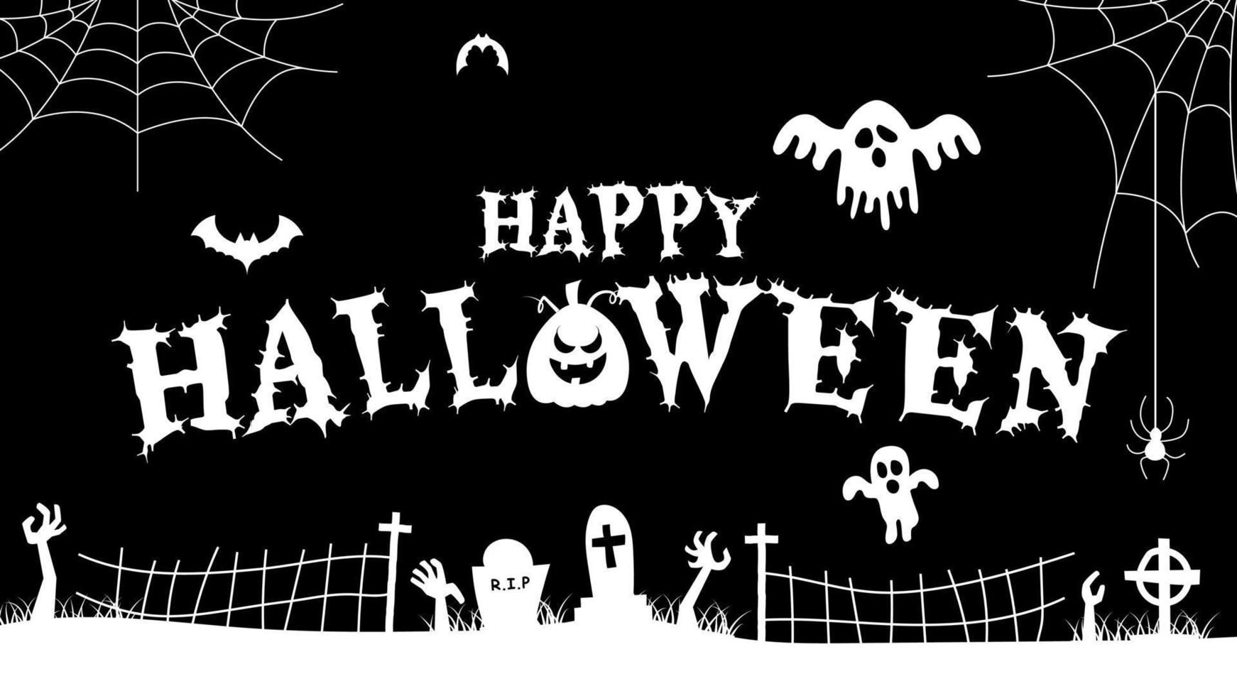 letras de feliz dia das bruxas com abóbora de halloween, aranha, teia de aranha, morcego voador e fantasma vetor